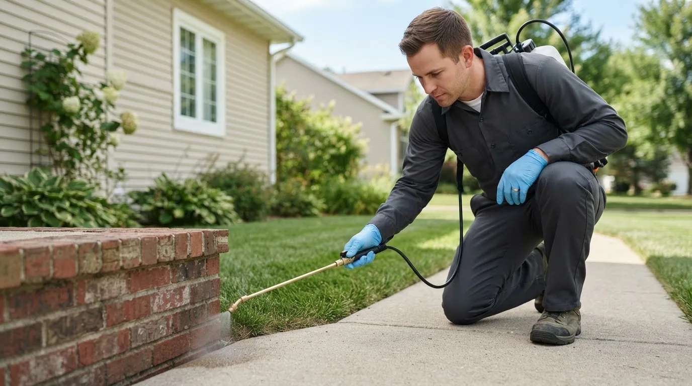 Pest control technician treating a home near Ludlow, MO